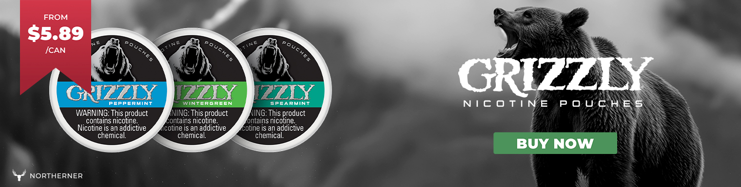 Three cans of Grizzly Nicotine Pouches displayed on a grey banner with a roaring grizzly bear.