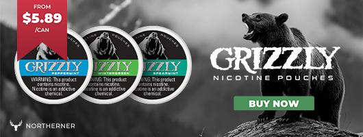 Three cans of Grizzly Nicotine Pouches displayed on a grey banner with a roaring grizzly bear.